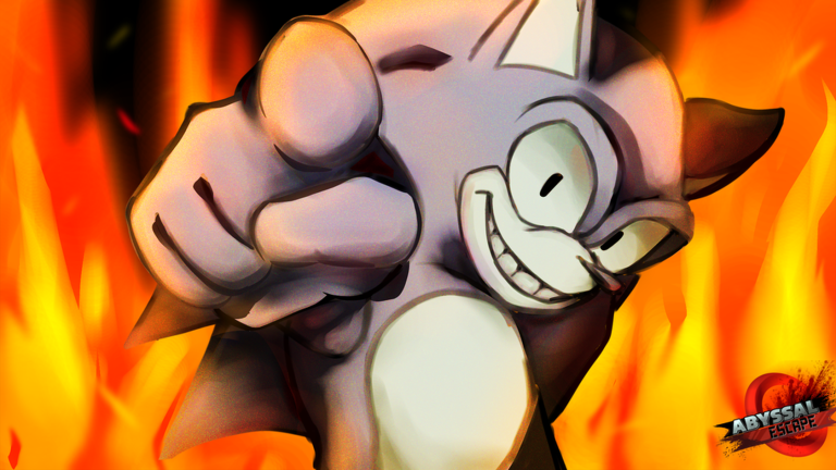 Abyssal Escape thumbnail of a pale grinning cartoon killer pointing at the viewer in front of flames.